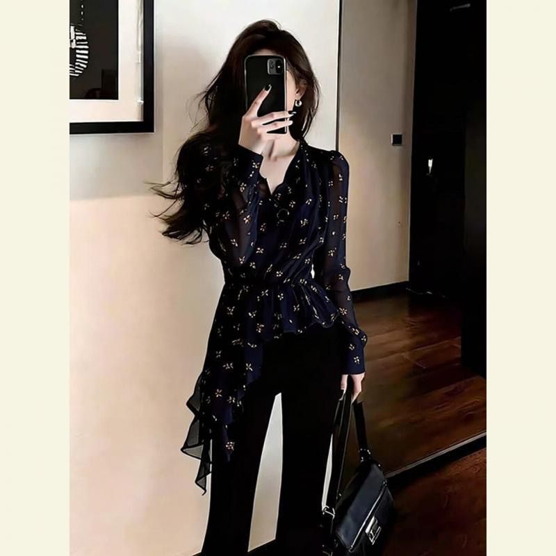 French-Style Navy Blue Floral Waist-Cinching Irregular Ruffle Shirt for Women, 2026 Spring New Long-Sleeve Age-Reducing Shirt