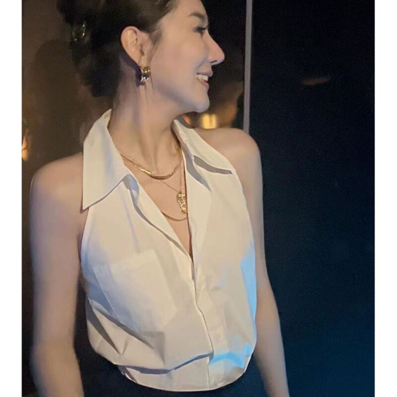 French-Style Sleeveless Shirt for Women, Summer Design, Fashionable Lapel Halter Top, Casual Chiffon Shirt Vest French-Style Sleeveless Shirt for Women, Summer Design, Fashionable Lapel Halter Top, Casual Chiffon Shirt Vest
