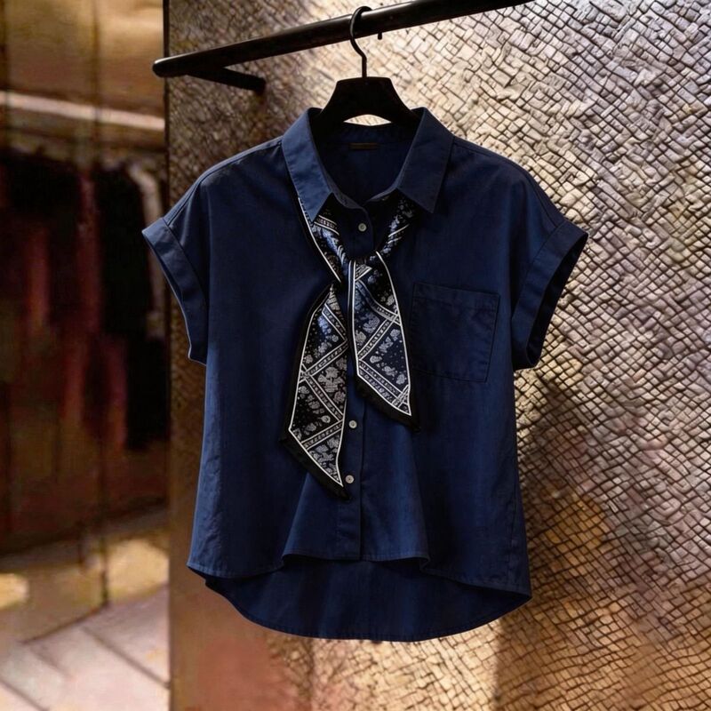 Blue Polo Collar Sleeveless Shirt with Silk Scarf for Women, Summer 2025 New Style, Loose Casual Shirt, Elegant Slimming Top Blue Polo Collar Sleeveless Shirt with Silk Scarf for Women, Summer 2025 New Style, Loose Casual Shirt, Elegant Slimming Top