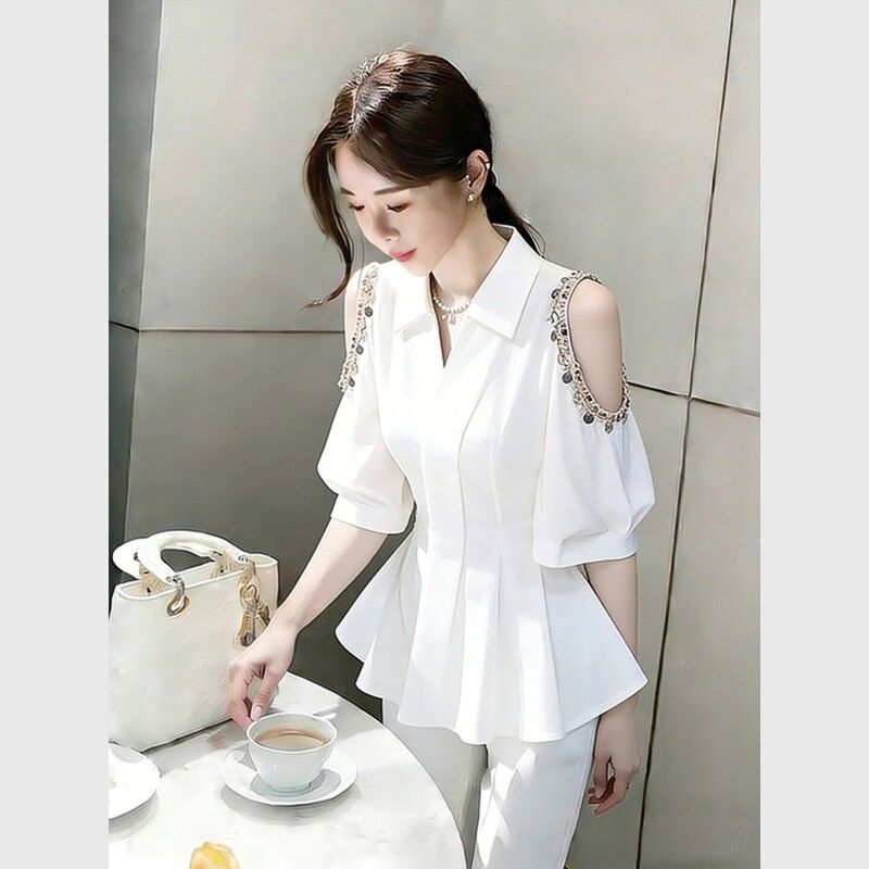 Elegant Off-Shoulder Blouse for Women, High-End, Light Luxury, Professional Top, 2026 Summer New Style, Unique and Stunning Waist-Cinching Blouse