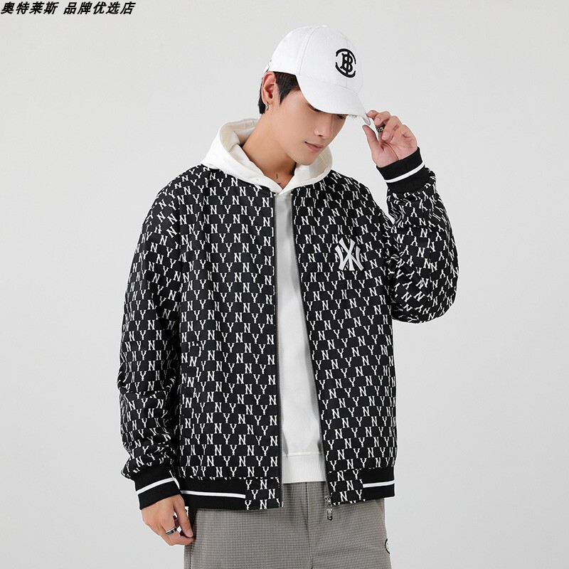 [Outlet Select] Men's Stand Collar Jacket for Autumn and Winter, Embroidered, Fleece-Lined, Warm Yankees Couple Fashion Jacket