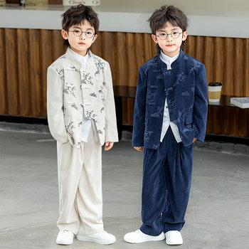 Boys' New Chinese-Style Suit Set, Children's Traditional Chinese Retro Hanfu Tang Suit Zhongshan Suit, Boys' Recitation and Choir Performance Attire