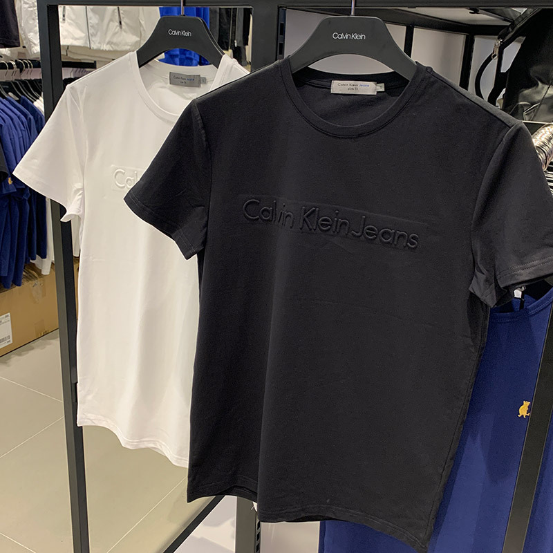 Ck Jeans Genuine Product from the Store, New Slim-Fit Men's Round-Neck 3D Embossed Small Letter Logo Short-Sleeve T-Shirt, Trendy