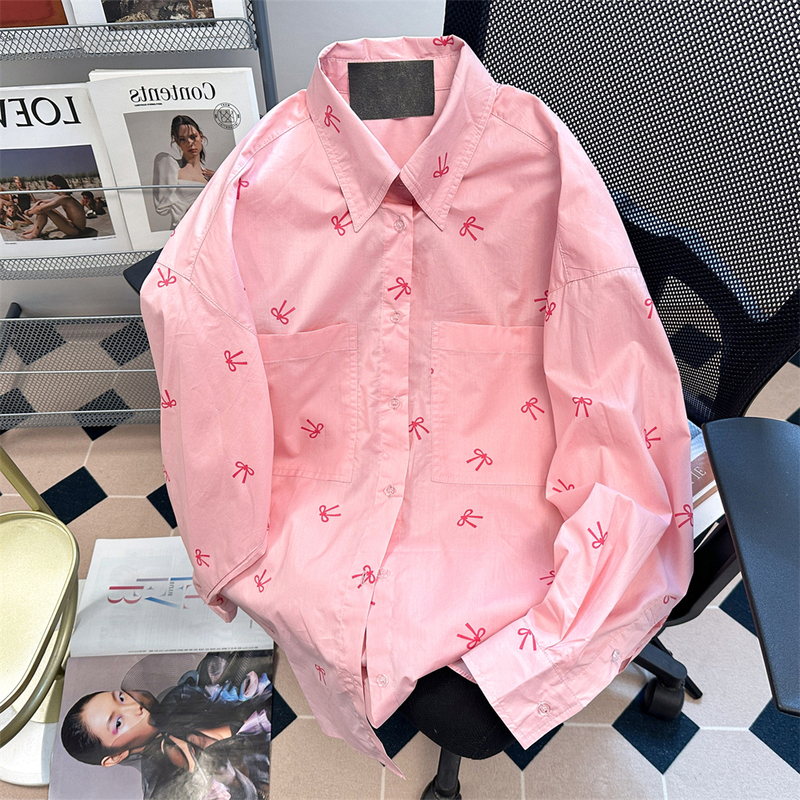 Pink Sweet and Super Pretty Bow Print Shirt for Men and Women, Spring and Autumn Style, Petite Size, Regular Shoulder, Long Sleeve Top
