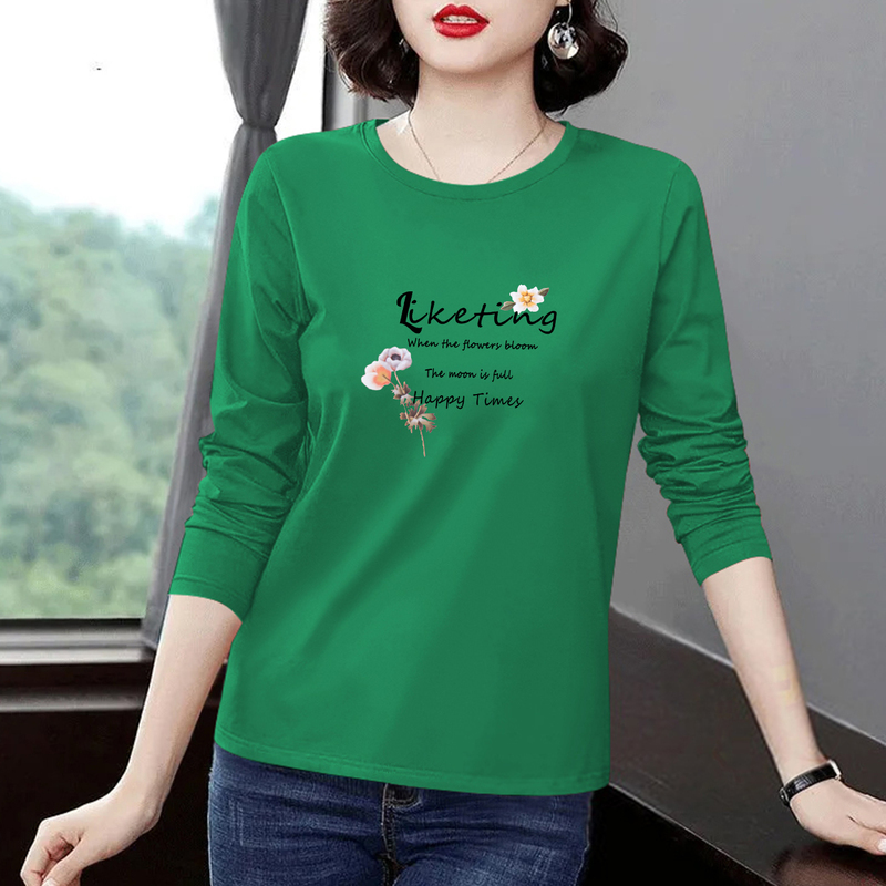 Middle-Aged and Elderly Women's T-Shirt, Pure Cotton Long-Sleeved Top, Green Spring, Autumn, and Winter Shirt, Women's Base Shirt