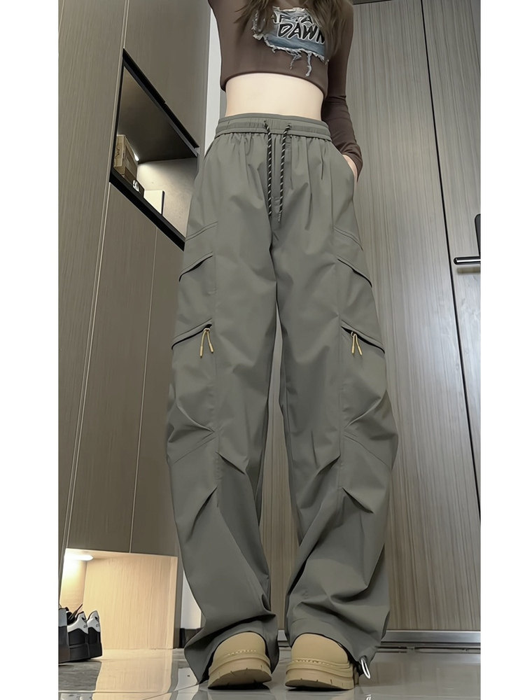 Spring and Autumn Cargo Pants, Military Green Wide-Leg Pants for Women, Mid-High Waist Drawstring Straight-Leg Pants, Loose and Drapey Casual Pants, Trendy