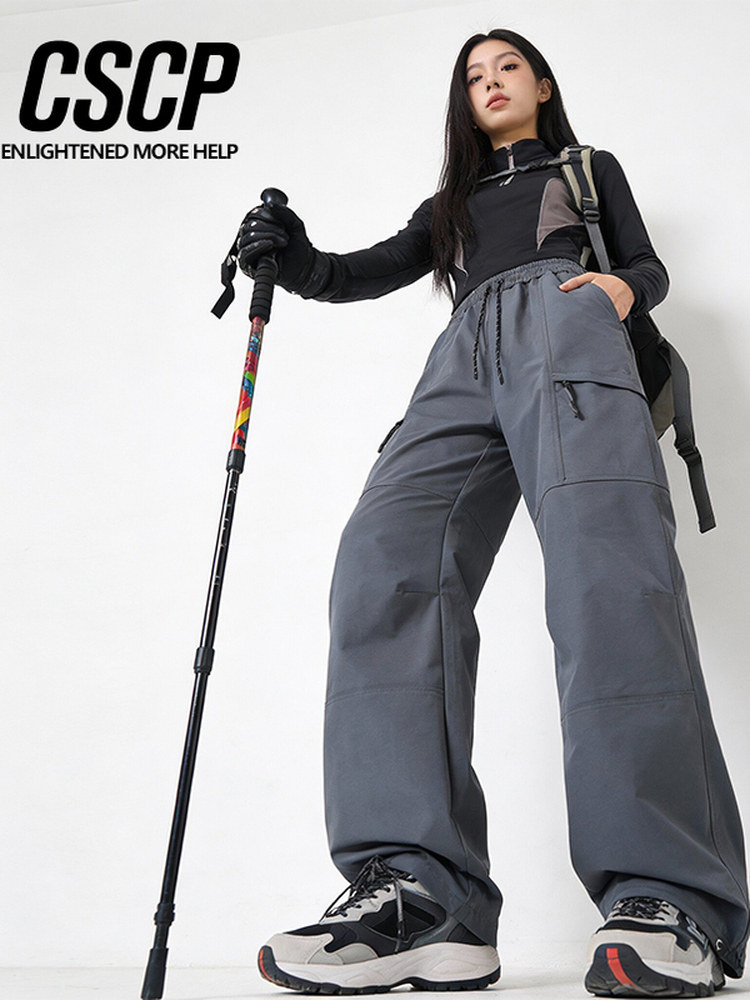 Workwear Style High-Waisted Wide-Leg Pants for Women, Loose and Slimming, Multi-Pocket Outdoor Casual Pants, Straight-Leg Autumn and Winter Hiking Pants, Trendy