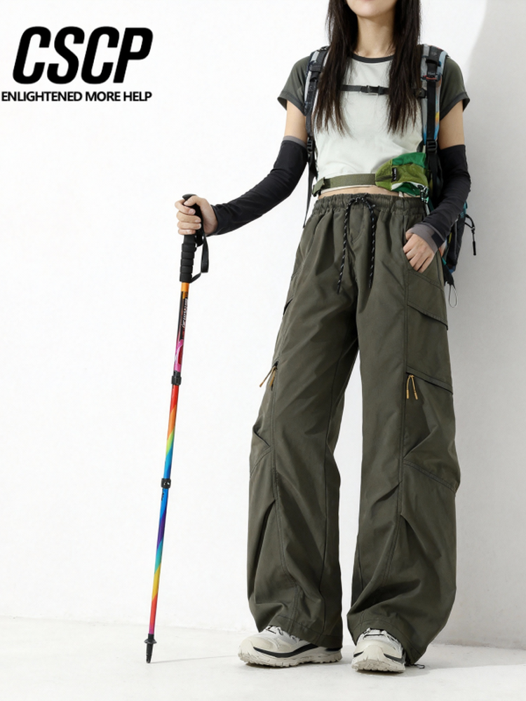 Spring and Autumn Cargo Pants, Military Green Wide-Leg Pants for Women, Mid-High Waist Drawstring Straight-Leg Pants, Loose and Drapey Casual Pants, Trendy