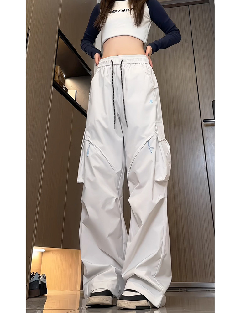 Spring and Autumn Cargo Pants, American-Style Functional Wide-Leg Pants for Women, Mid-High Waist, Loose, Slimming, Workwear Pants, Outdoor Casual Pants, Trendy