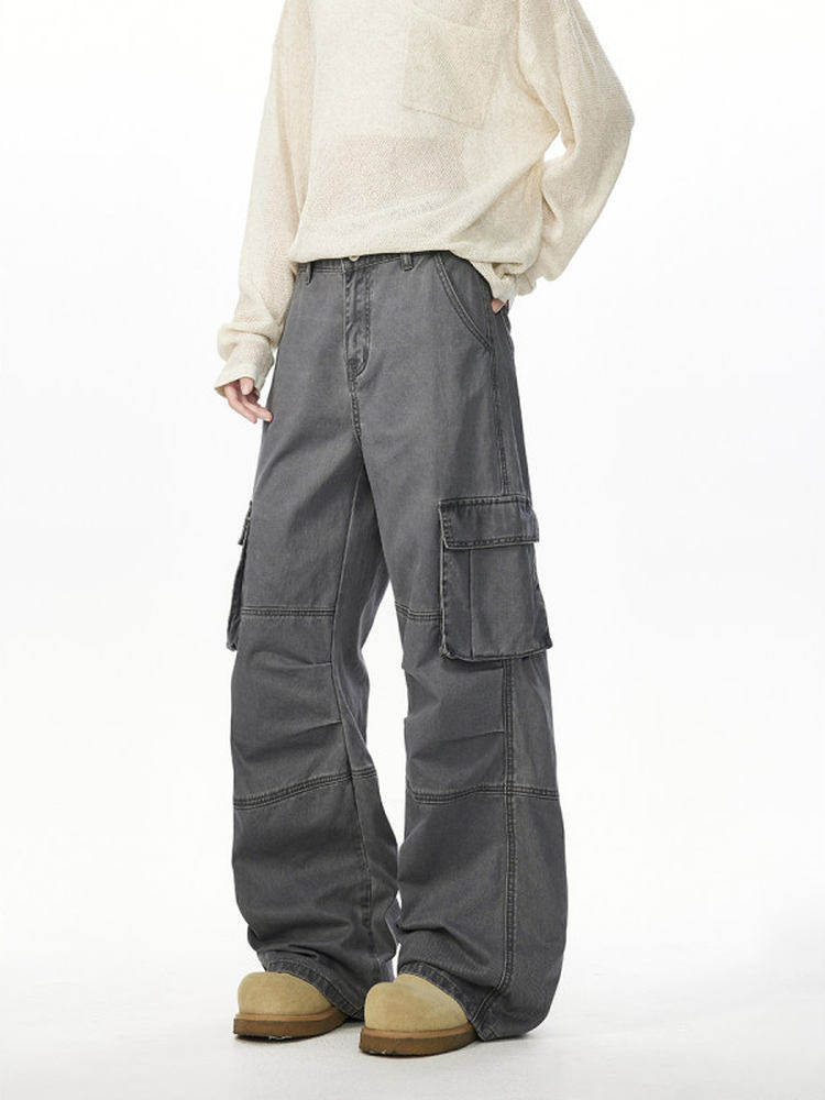 Autumn and Winter Heavy-Duty Washed Pleated Patchwork Workwear Casual Pants Japanese Retro High Street Loose Straight Wide-Leg Long Trousers
