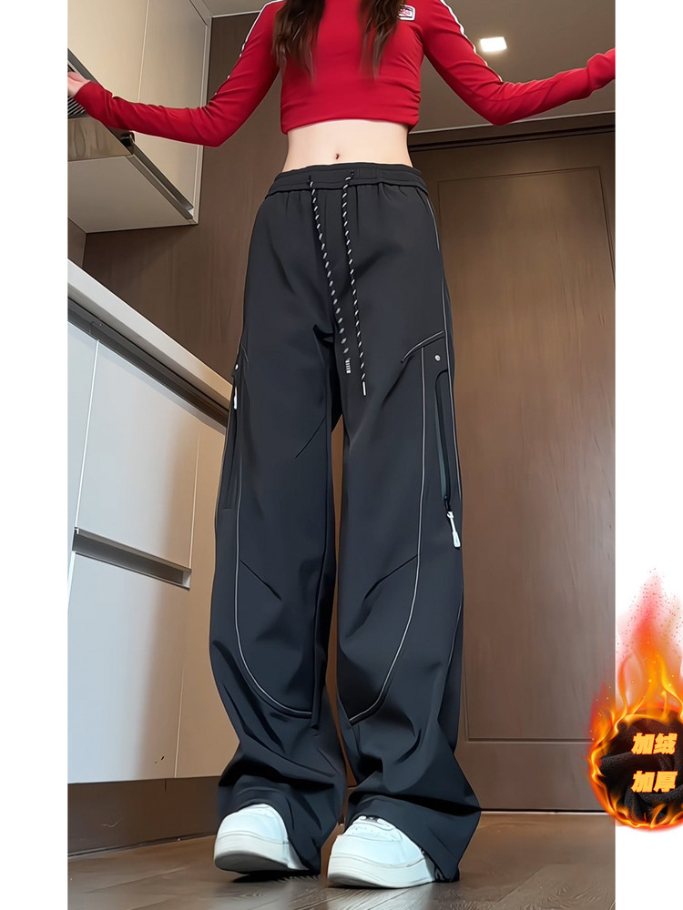 Autumn and Winter Mountain-Style Outdoor Multi-Pocket Cargo Pants for Women, Windproof and Waterproof Hiking Straight-Leg Pants, Fleece-Lined and Thickened, Couple Style