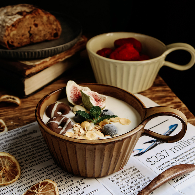 FG Nordic Ins Wind Retro Make Old Heat Resistant Mark Cup Water Cup Milk Breakfast Yogurt Cereal Cup Bowl With Spoon