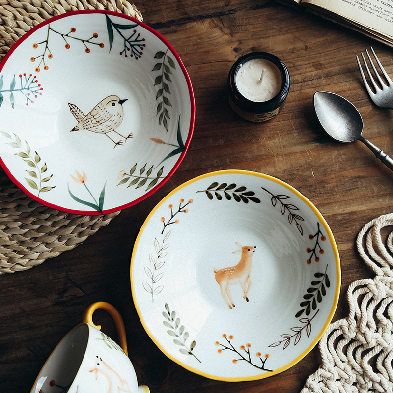 GW Nordic Ins Dining Room Home Salad Bowl ceramic Foam Noodle Bowl Soup Bowl Lanoodle Bowl Mark Cup Hand-painted Animal