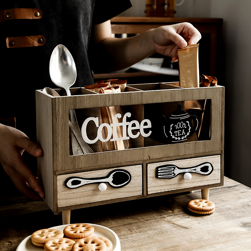 SN Nordic ins dining room decoration desktop sundries storage cabinet retro old wooden coffee tea bag storage box