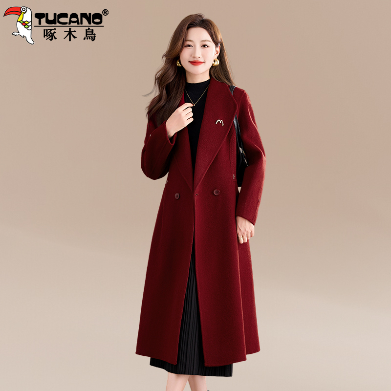 Woodpecker Red Wool Coat for Women 2026 New Winter Thickened Suit Collar Mid-Length Mother's Woolen Coat