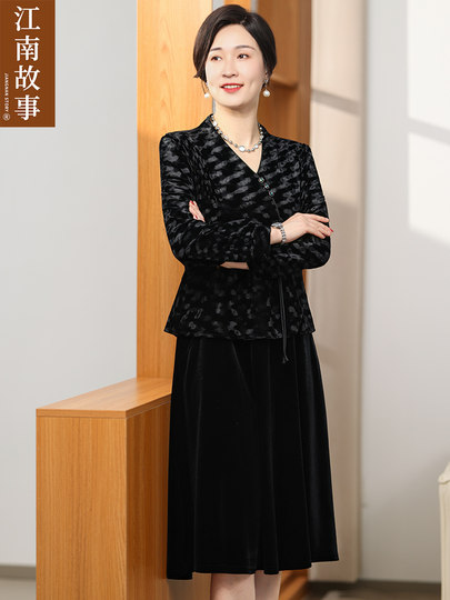 Jiangnan Story 2025 nuevo vestido de terciopelo para mamá de mediana edad y ancianos estilo chino primavera y otoño