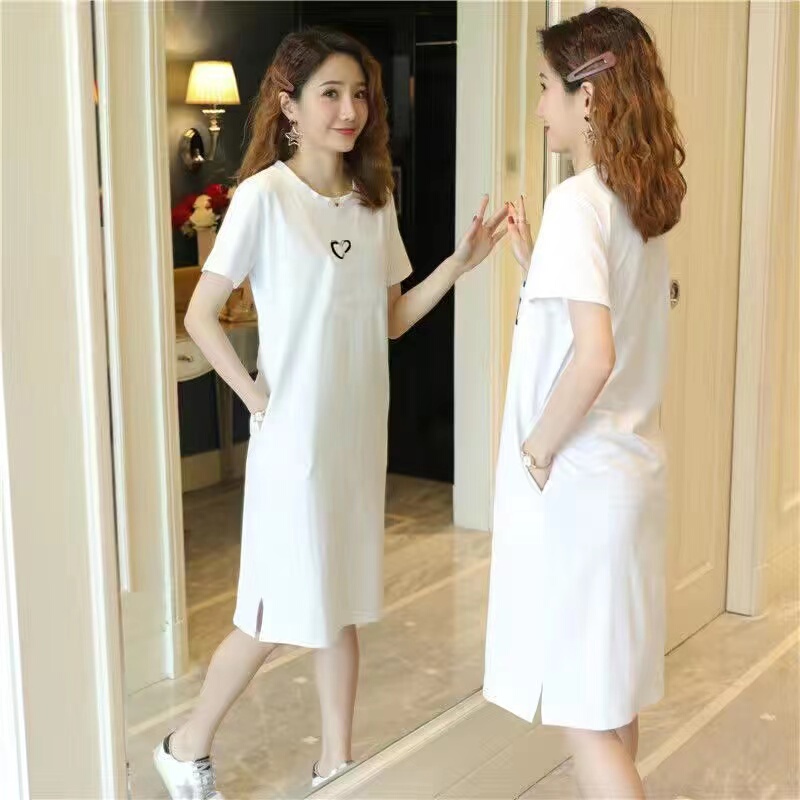 100% Pure Cotton Plus-Size New T-Shirt Dress, Short-Sleeved, Round Neck, Mid-Length, Slit, Casual, Simple, Stylish Dress