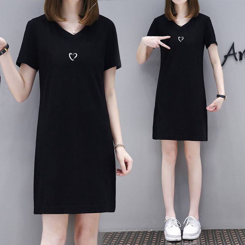 100% Pure Cotton Short-Sleeved Dress for Women 2023 Summer New Style Belly-Covering Casual Large Size Slimming V-Neck T-Shirt Dress Trendy