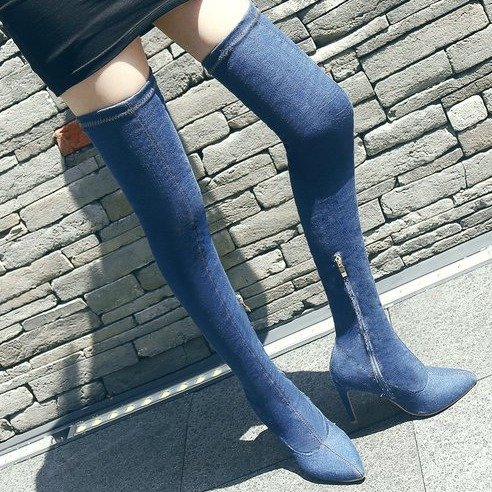 Trong khởi động đầu gối mùa thu của phụ nữ cao gót stiletto chỉ dài khởi động phía dây kéo denim ống cao stovepipe stretch boots