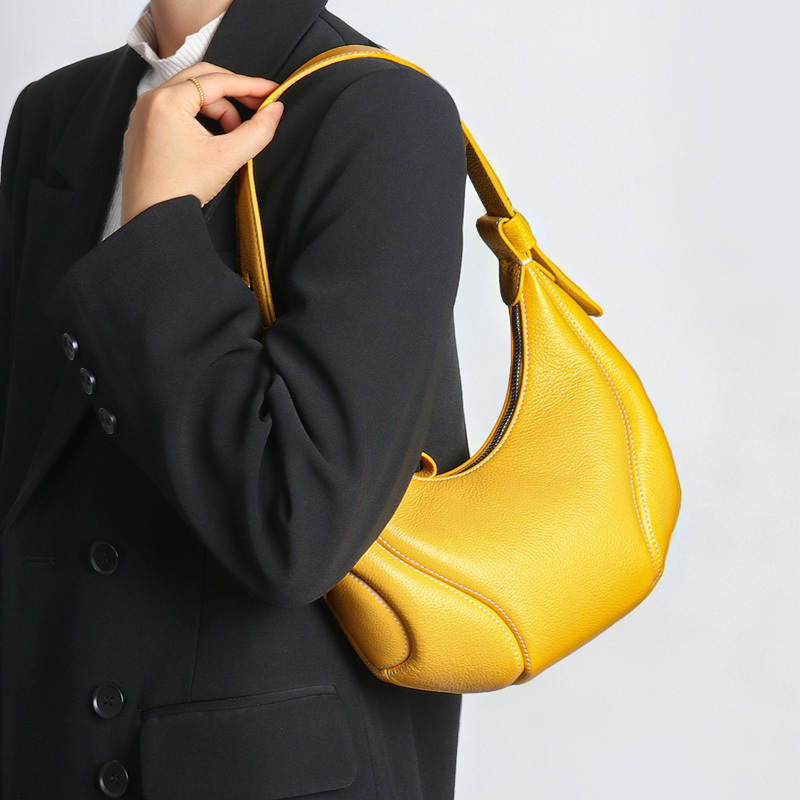 26 Super Popular Yellow Genuine Leather Women's Bag First Layer Cowhide Crescent Bag Crossbody Large Capacity Saddle Patchwork Moon Bag