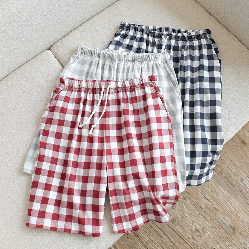 Couple Sleeping Pants Women Summer Pure Cotton Men's Home Pants Day Series Thin Shorts Loose plaid homes can be worn outside