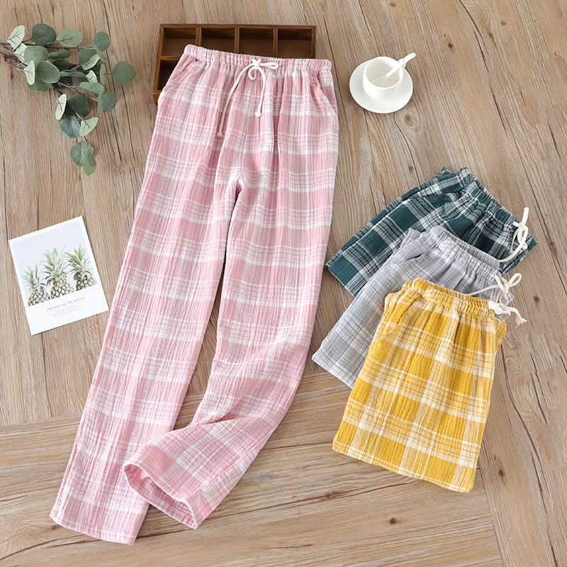 Day Ensemble Plaid Sleeping Pants Woman Pure Cotton Gauze Spring Summer Thin washed crepe cloth Home pants Long pants can be worn with large size