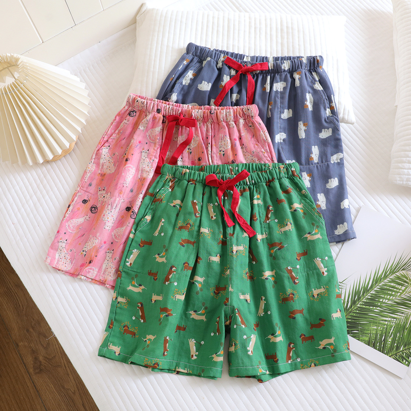Vibrant Cartoon Summer Pajama Shorts for Women, Pure Cotton Gauze Thin Home Pants, Suitable for Wearing Outside on the Beach or for Casual Walks at Home