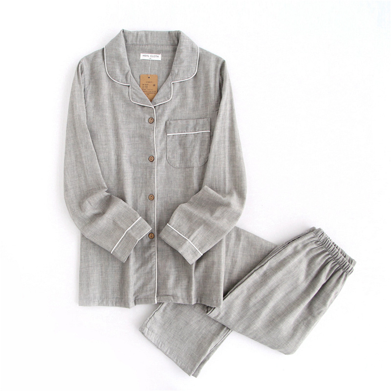 Bộ đồ ngủ đôi Nhật Bản dài tay cotton mùa xuân và mùa thu mỏng Bộ đồ ngủ cotton phụ nữ mùa hè nam phục vụ nhà kiểu đồ bộ vải thun bông