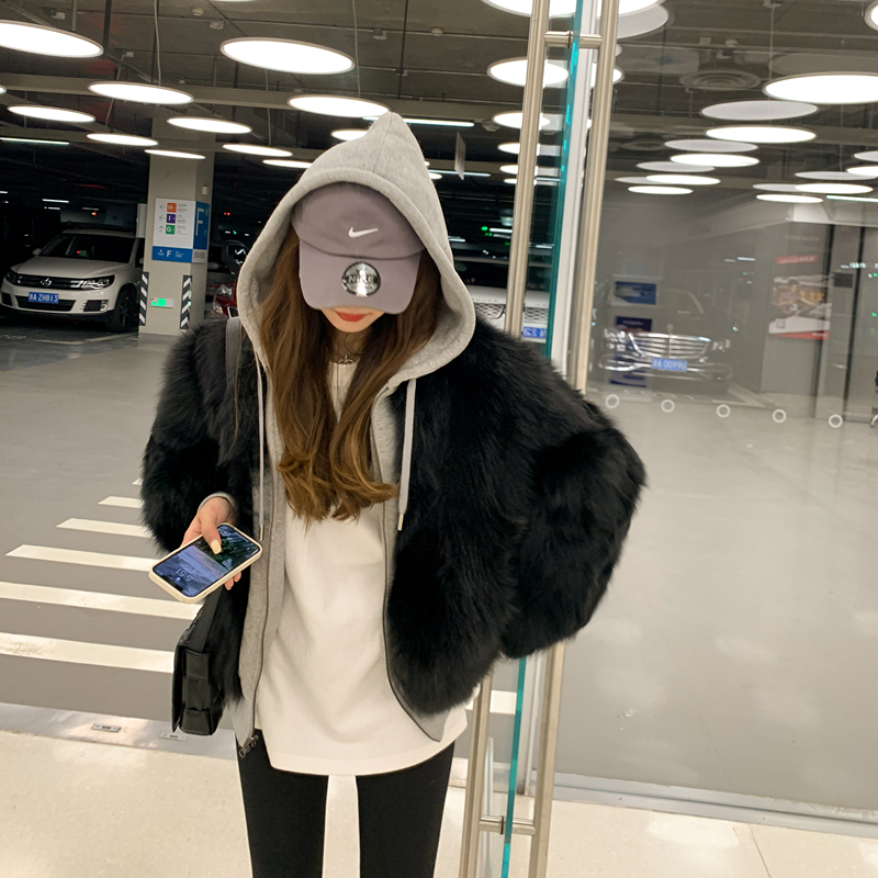 RAYFEI autumn winter new Korean version of the raccoon raccoon fur straw jacket female short two sides wearing the chessboard grit and cloister damp 