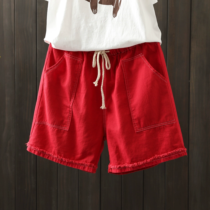 Quạt thông thường văn học Mới mùa hè thô cạnh lỗ Quần short cotton cowgirl quần nóng rộng quần short rộng H22 - Quần short