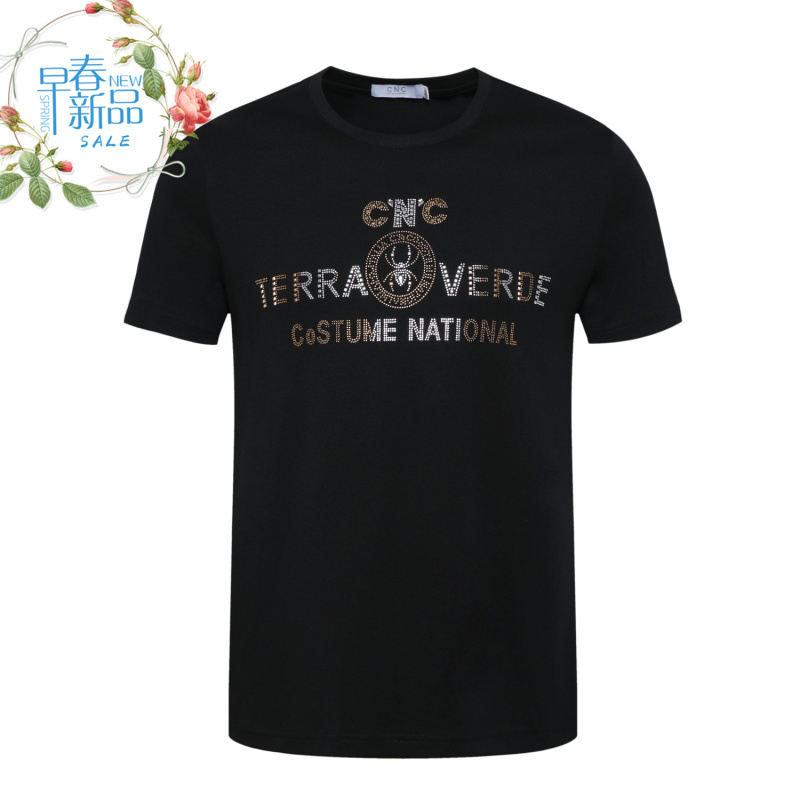 Cnc Men's Simple Spring Style Multi-Color Knitted Brand Letter Rhinestone Pattern Short-Sleeved Round Neck T-Shirt for Men