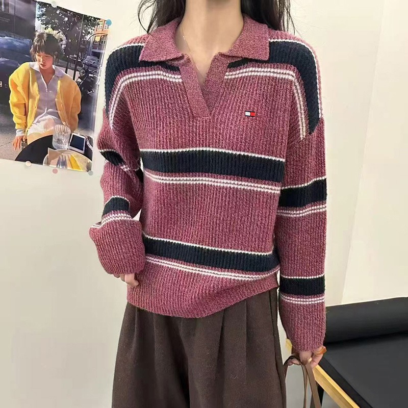 Tommy Xikaili New Autumn and Winter Women's Thick Sweater with a Turn-Down Collar, Knitted Cardigan, Striped Base Layer