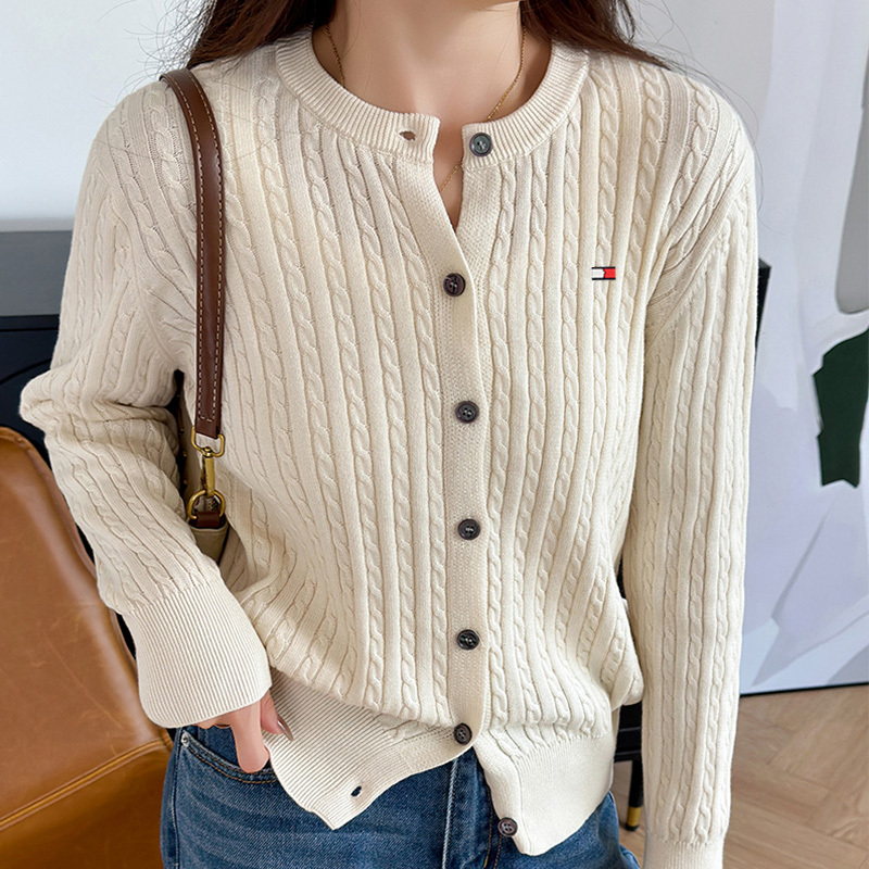 Tommy Xikaili Women's Vintage Money-Style Cardigan Round Neck Knitted Pure Cotton Cardigan Spring and Autumn Cable Knit Sweater