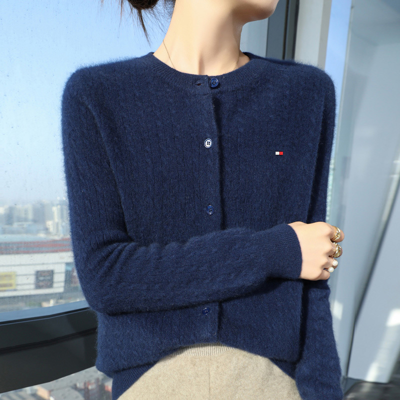 Tommy Hilfiger Genuine Women's Versatile Button-Up Cable Knit Round-Neck Cardigan Solid Color Thick Sweater
