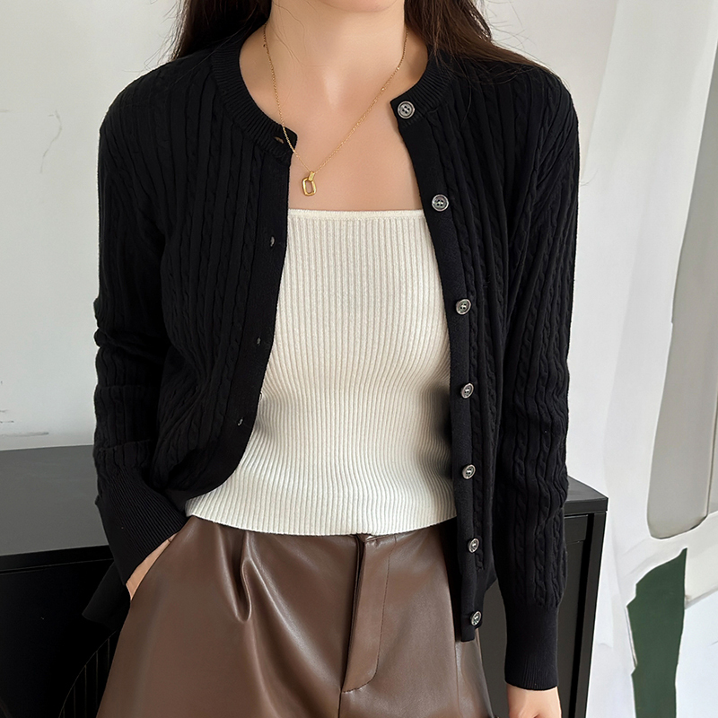 Tommy Xikaili Women's Casual Sweater Versatile Cardigan All-Cotton Jacket Cable Knit Round Neck Thin Pure Cotton Knitwear Tommy Xikaili Women's Casual Sweater Versatile Cardigan All-Cotton Jacket Cable Knit Round Neck Thin Pure Cotton Knitwear