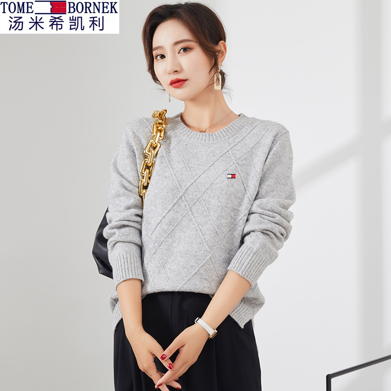 Tommy Hilfiger Genuine Crew Neck Sweater, Thickened Women's New Fashion Warm Pullover Knitwear with Side Slits