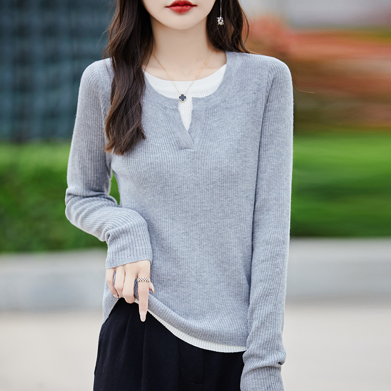 Tommy Hilfiger Women's Spring New Round Neck T-Shirt Thin Faux Two-Piece Top Slim-Fit Sweater Base Layer Tommy Hilfiger Women's Spring New Round Neck T-Shirt Thin Faux Two-Piece Top Slim-Fit Sweater Base Layer