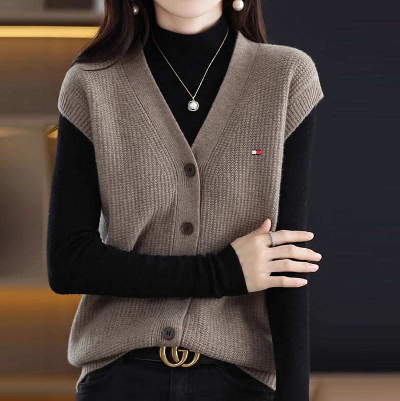 Tommy Kelly Women's V Neck Vest Autumn and Winter New Vest Retro Loose Versatile Sleeveless Sweater Waistcoat