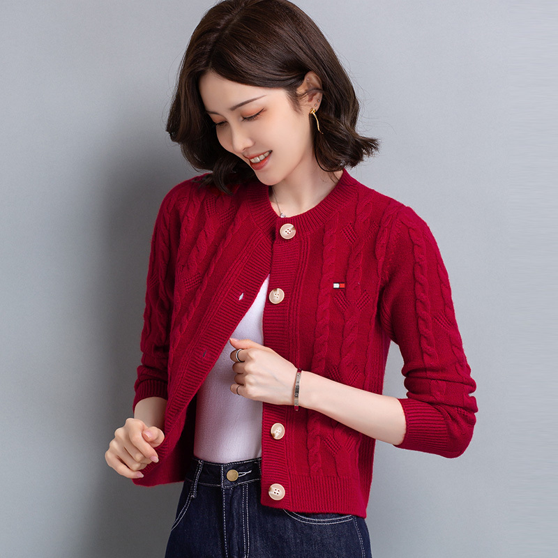 Tommy Hilfiger Spring and Autumn Women's Sweater Casual Versatile Buttoned Cable Knit Round Neck Outerwear Short Cardigan