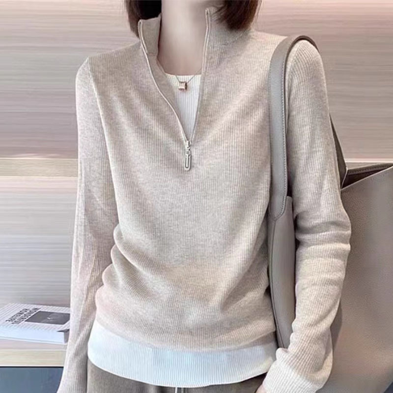 Tommy Hilfiger New Spring and Autumn Wool Knit Sweater for Women, Autumn and Winter Women's T-Shirt with Stand Collar, Faux Two-Piece Sweater Tommy Hilfiger New Spring and Autumn Wool Knit Sweater for Women, Autumn and Winter Women's T-Shirt with Stand Collar, Faux Two-Piece Sweater