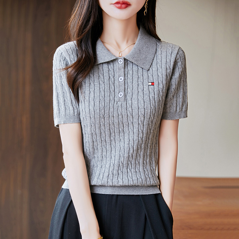 Authentic Tommy Hilfiger Pure Cotton Short-Sleeve T-Shirt for Women, Summer Half-Sleeve All-Cotton Polo Shirt, Cable Knit Base Layer