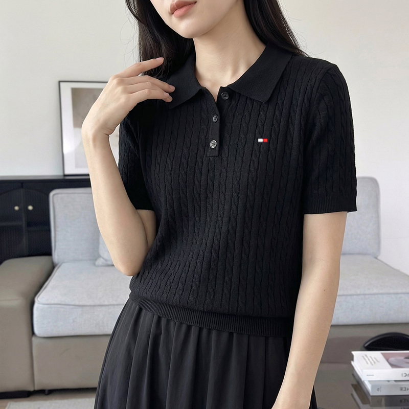 Tommy Xikaili Spring and Summer Women's Pure Cotton T-Shirt Thin Knitwear Cable Twist Solid Color Slim Short-Sleeve Polo Shirt