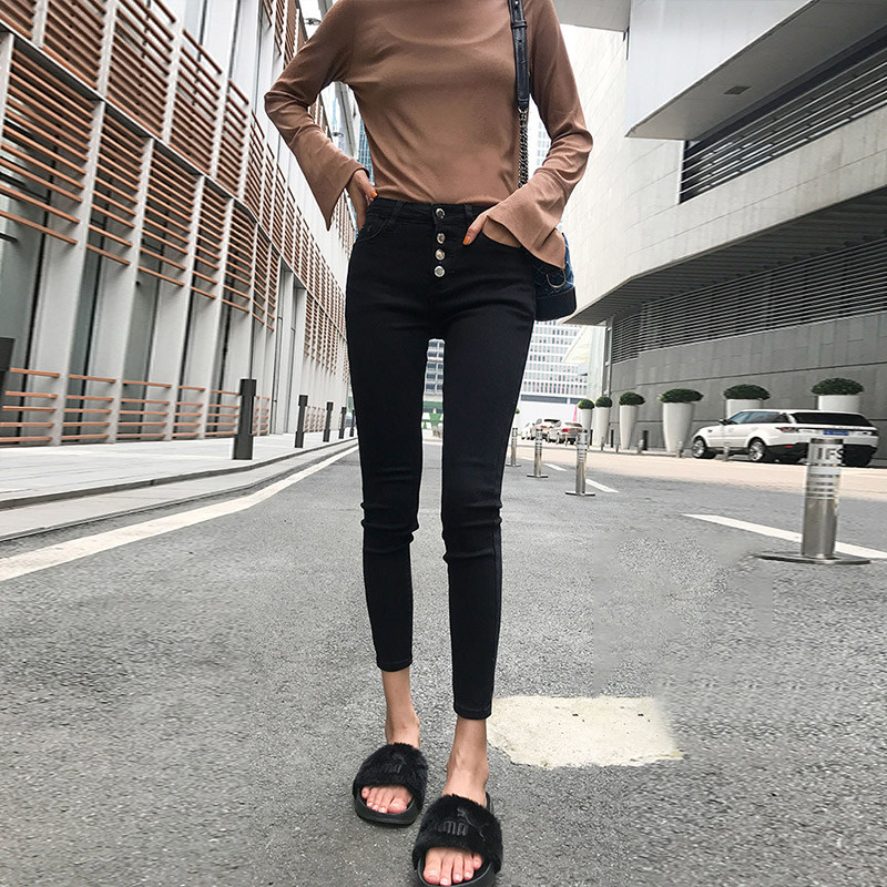 Pure Black High Waist Denim Smoke Pipe Pants Woman 90% Conspicuant 2022 Spring Autumn Season New Platoon Button Tight Pencil Pants