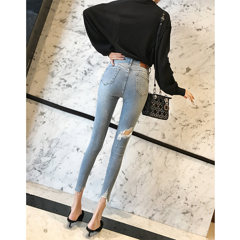 Light blue front and back broken holes jeans women's tight feet 2021 spring and summer new high waist thin thin pencil pants