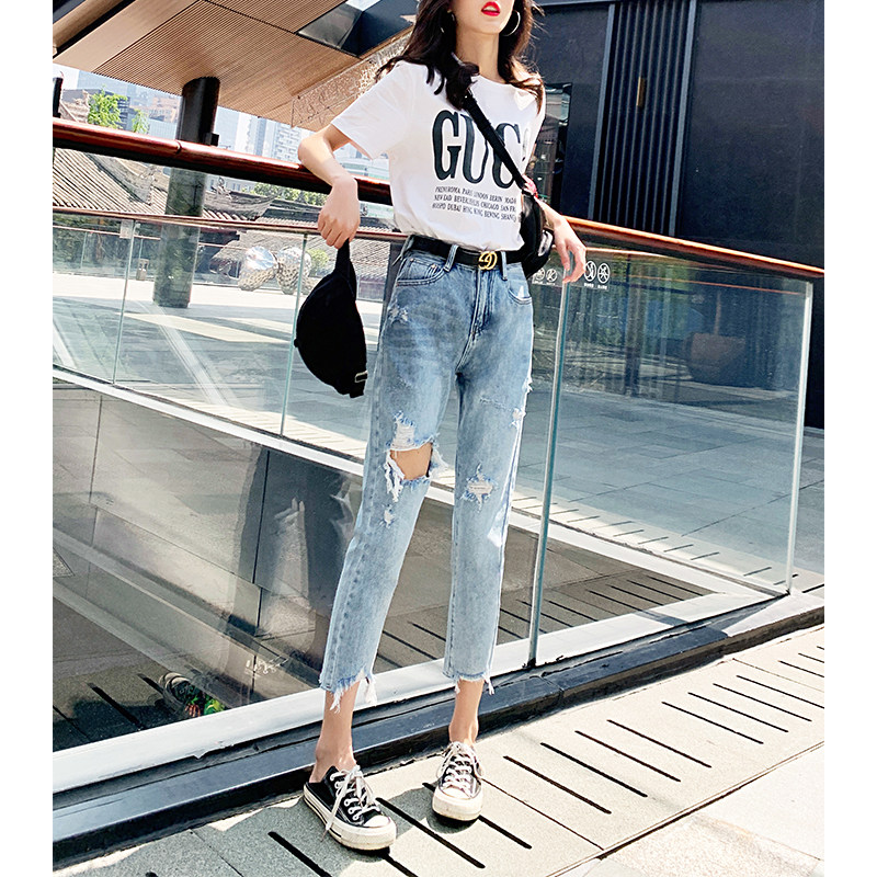 Light blue hole jeans female loose nine spring 2023 new high waist straight tube Harlen eight trousers limit