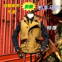Hareautumn Men Riding Waistcoat Heavy Oil Wax Canvas Cow Leather Splicing Vest Retro Hard Han Bully