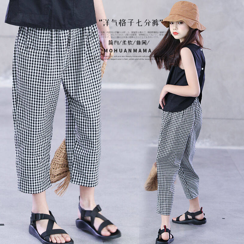 Children's clothing 2022 summer Korean style girls' foreign style loose harem pants plaid cropped pants middle and big children's pure cotton casual pants