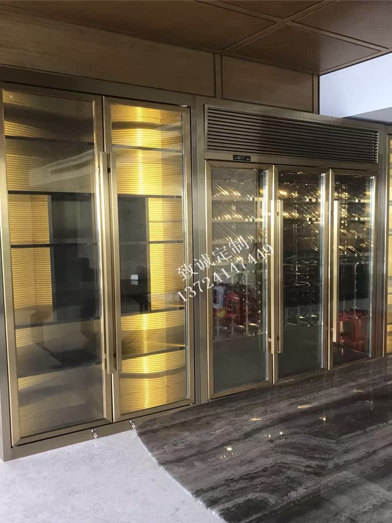 Brushed titanium alloy rose gold constant temperature wine cabinet display cabinet decorative rack Stainless steel wine cabinet Wine cellar engineering customization