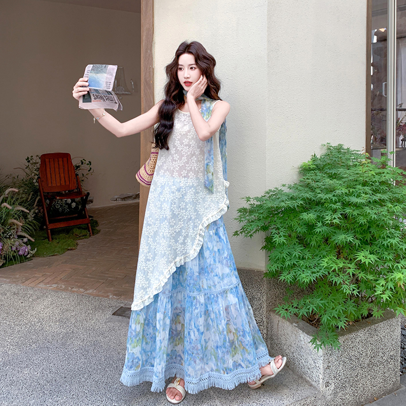Vacation Style Irregular Cover-Up Dress Layered Outfit for Women, Summer 2026 New Tie-Dye Printed Skirt Two-Piece Set