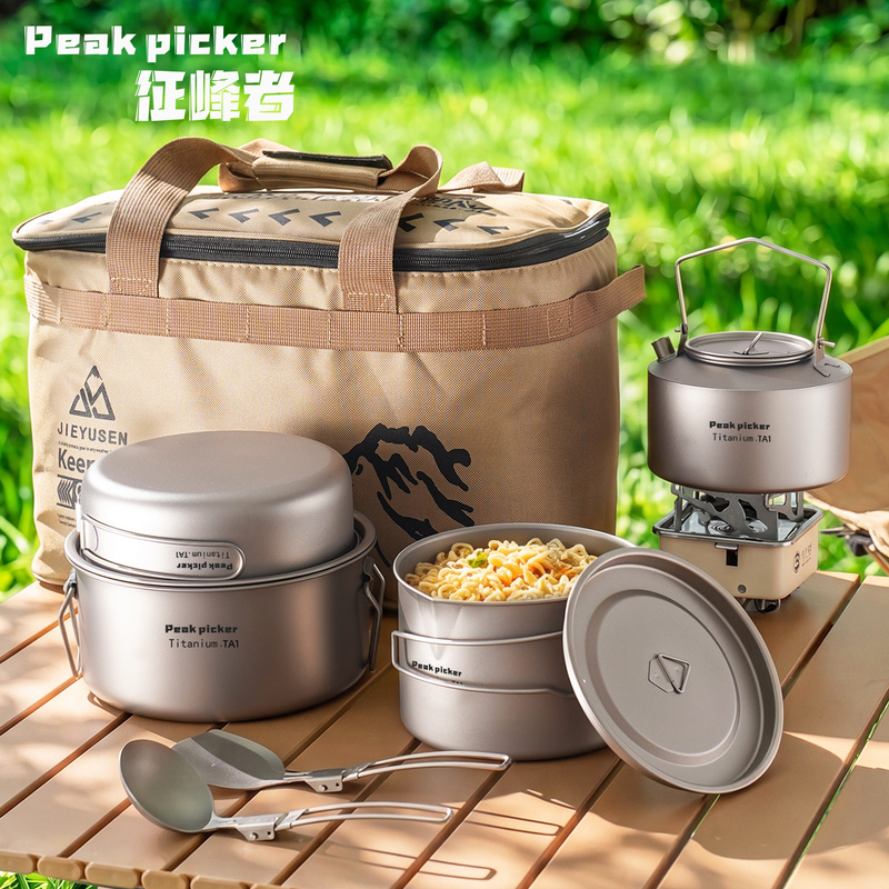 Outdoor Titanium Pot Pure Titanium Soup Pot 2.2L Large Capacity Camping Cookware Ultra-Light Tableware Frying Pan Titanium Alloy Folding Pot Set